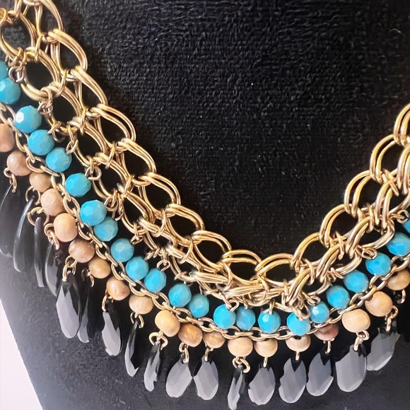 Statement Bib Necklace Gold Tone Turquoise Black And Wooden Beads Dangle Boho - Picture 3 of 6